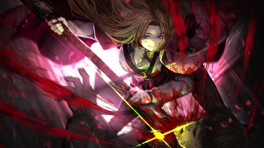 1boy 1girl blood blood_in_hair blood_on_clothes blood_on_face blood_splatter blue_eyes breasts brown_hair cape chest_tattoo closed_mouth death game_cg grey_shirt highres holding holding_weapon large_breasts light_smile limbus_company long_hair long_sleeves nai_ga official_art pants project_moon red_cape red_pants rodion_(project_moon) shirt tattoo weapon