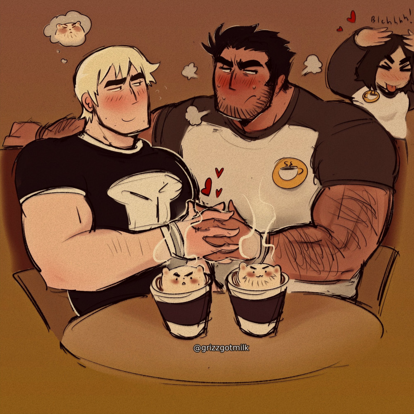 &gt;_&lt; 1girl 2boys animal-themed_food bara beard_stubble black_hair blush character_request comparison couple dark-skinned_male dark_skin dating facial_hair fujoshi highres holding_hands huge_eyebrows imagining interlocked_fingers jaime_(grizzgotmilk) large_pectorals latte_art looking_at_another loving_aura lucas_lee male_focus multiple_boys muscular muscular_male pectorals scott_pilgrim_(series) scott_pilgrim_takes_off shirt short_hair short_sleeves sideways_mouth smile stubble t-shirt table thick_arm_hair thought_bubble todd_ingram yaoi