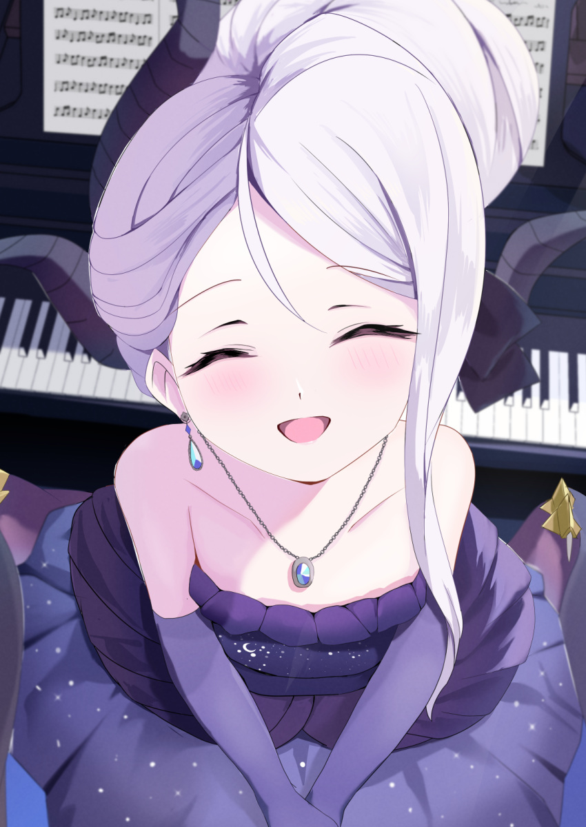 1girl black_horns blue_archive blush closed_eyes dangle_earrings demon_horns dress earrings elbow_gloves gloves grey_hair highres hina_(blue_archive) hina_(dress)_(blue_archive) horns instrument jewelry long_hair multiple_horns necklace open_mouth pendant piano piano_keys purple_dress purple_gloves sheet_music smile solo strapless strapless_dress teritama_(teritama_house)