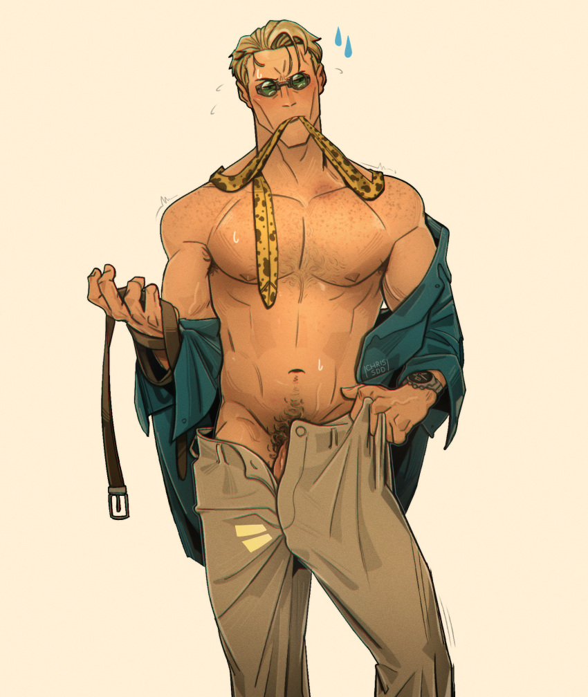 1boy bara belt blonde_hair blue_shirt blush brown_belt brown_pants chris_sdd collared_shirt goggles highres holding holding_belt jujutsu_kaisen male_focus male_pubic_hair muscular muscular_male nanami_kento navel nipples off_shoulder open_clothes open_pants open_shirt pants pectorals penis penis_peek pubic_hair shirt short_hair simple_background solo watch white_shirt wristwatch