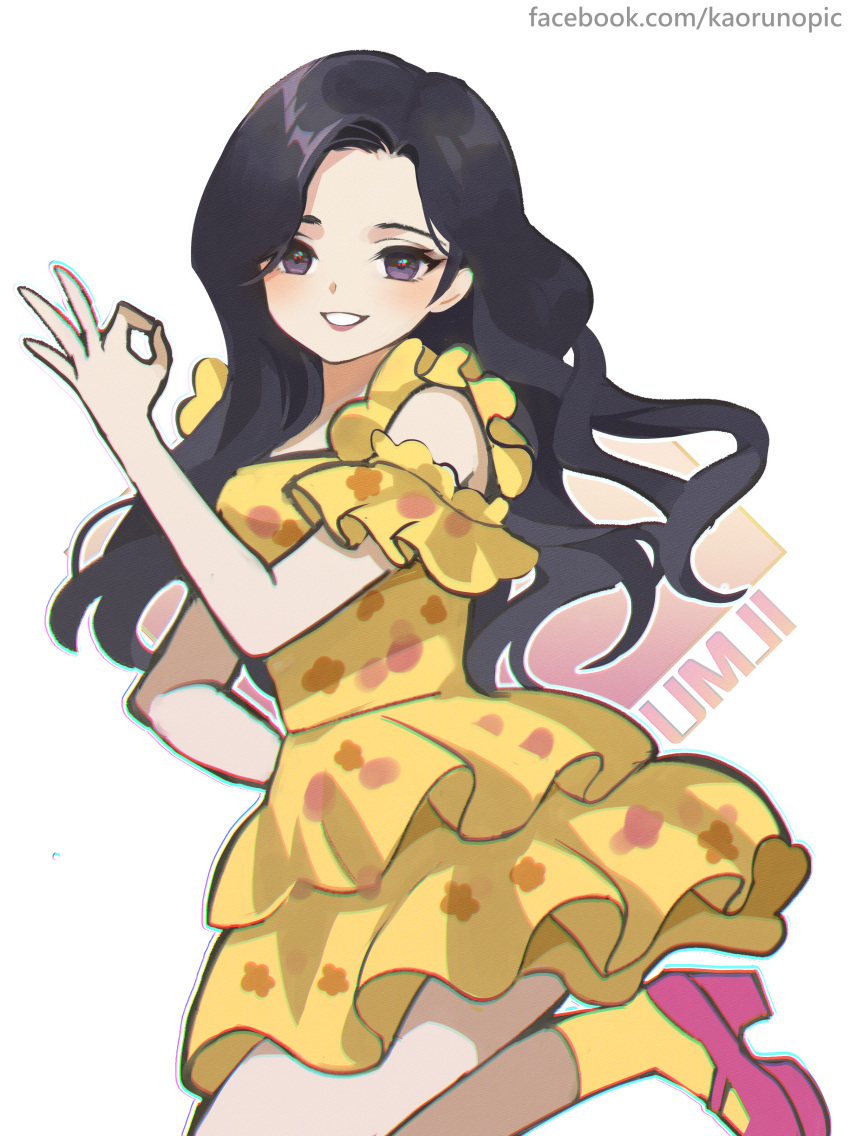 1girl absurdres arm_up black_hair chinese_commentary commentary dress frilled_dress frills gfriend hand_on_own_hip highres kaoruru_(sakuno2911) long_hair pink_footwear simple_background smile socks solo umji_(gfriend) yellow_dress yellow_socks