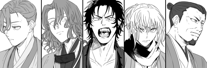 1girl 4boys asymmetrical_bangs closed_mouth facial_hair fate/grand_order fate_(series) furrowed_brow goatee greyscale hair_over_one_eye hair_slicked_back hijikata_toshizou_(fate) japanese_clothes looking_at_viewer looking_to_the_side medium_hair monochrome multiple_boys noz_2to okita_souji_(fate) okita_souji_(koha-ace) open_mouth portrait saitou_hajime_(fate) sanpaku scarf serizawa_kamo_(fate) sidelocks simple_background v-shaped_eyebrows wavy_hair yamanami_keisuke_(fate)