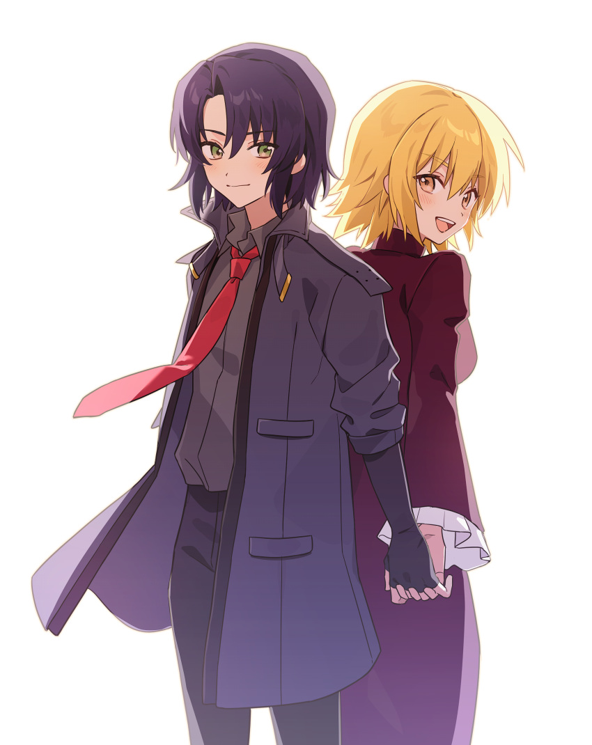 1boy 1girl absurdres athrun_zala back-to-back blonde_hair blue_hair cagalli_yula_athha couple green_eyes gundam gundam_seed gundam_seed_freedom hetero highres holding_hands jacket looking_at_viewer open_clothes open_jacket red_tie short_hair white_background yellow_eyes ymrxx_(kamihurai)