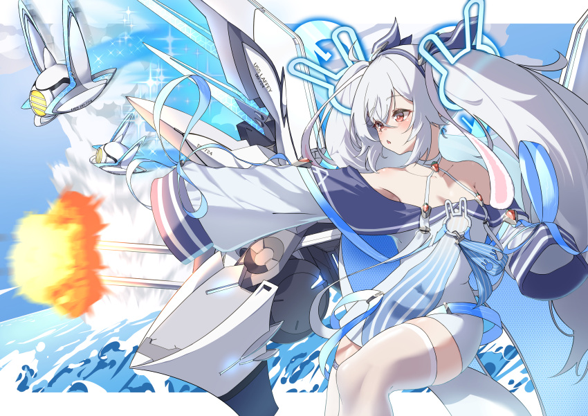 1girl absurdres azur_lane bare_shoulders breasts collarbone commentary dress highres laffey_(azur_lane) laffey_ii_(azur_lane) long_hair long_sleeves marimo_daifuku off-shoulder_dress off_shoulder open_mouth red_eyes sleeves_past_fingers sleeves_past_wrists small_breasts solo thighhighs twintails white_dress white_hair white_thighhighs