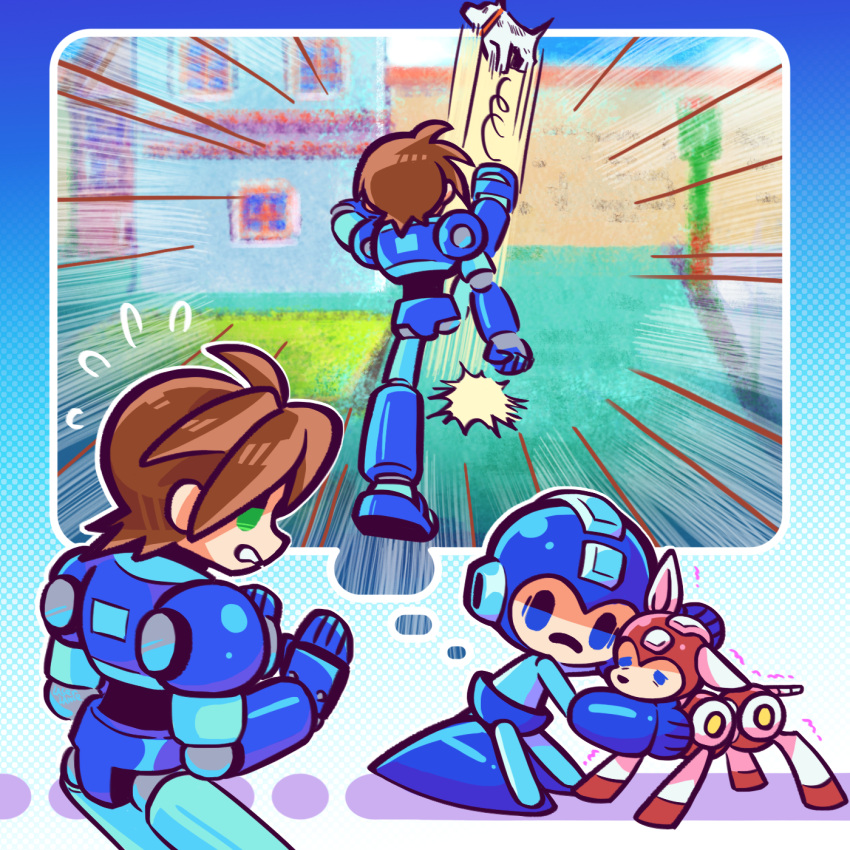 2boys android blue_eyes brown_hair dog flying_sweatdrops green_eyes highres kicking laser-lance looking_at_another mega_man_(character) mega_man_(classic) mega_man_(series) mega_man_legends_(series) mega_man_volnutt multiple_boys open_mouth rush_(mega_man) short_hair