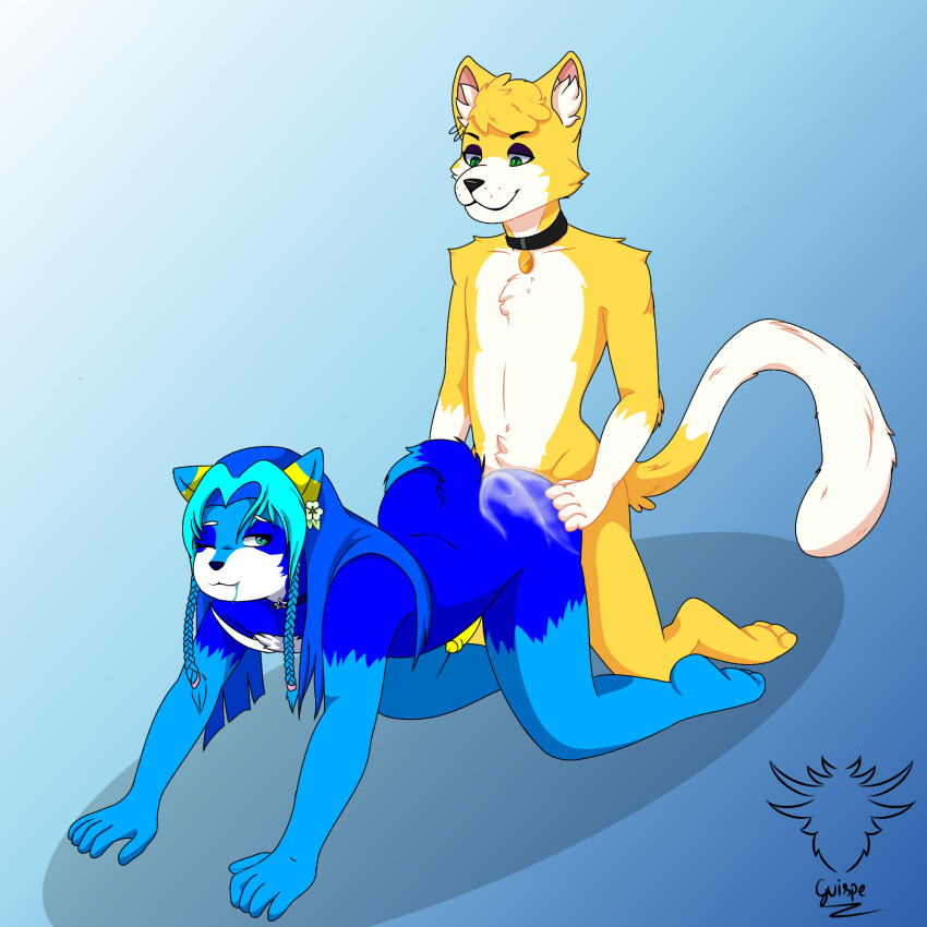 2024 anal anal_penetration anthro balls blonde_hair blue_body blue_eyes blue_fur blue_hair bodily_fluids braided_hair canid canine canis collar colored cum cum_drip cum_in_ass cum_inside digital_drawing_(artwork) digital_media_(artwork) doggystyle domestic_cat dripping duo ear_piercing ear_ring ejaculation erection felid feline felis from_behind_position fur genital_fluids genitals green_eyes guispe_(guispe_opockjha) guispe_opockjha hair hi_res lord_canute male male/male male_penetrated male_penetrating male_penetrating_male mammal nude penetration penile penis piercing ring_piercing sex shaded signature simple_background smile spittle tail watermark wolf yellow_body yellow_fur