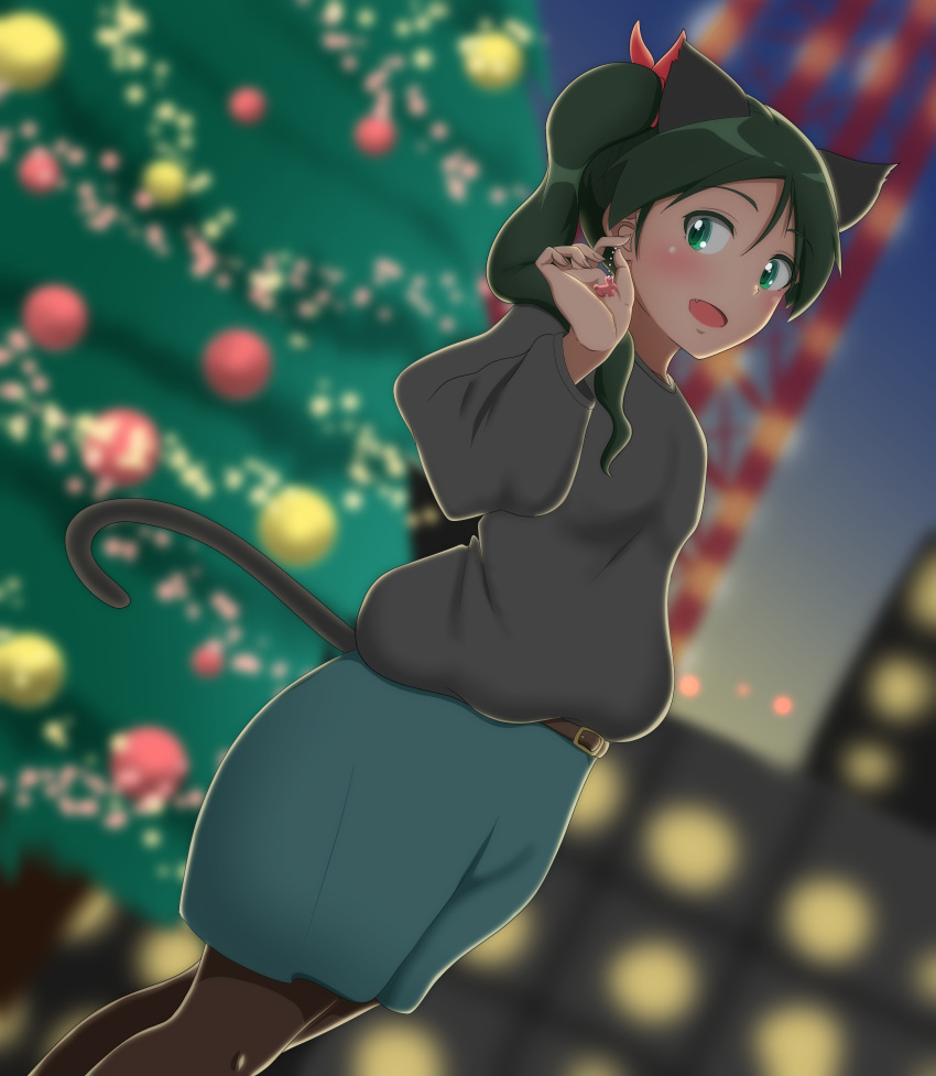 1girl absurdres animal_ears black_pantyhose black_sweater blue_skirt blush breasts cat_ears cat_girl cat_tail christmas christmas_tree earrings fang francesca_lucchini green_eyes green_hair hair_ribbon highres jewelry long_hair open_mouth pantyhose ribbon skirt small_breasts smile solo strike_witches sweater tail wanwan_0301 world_witches_series