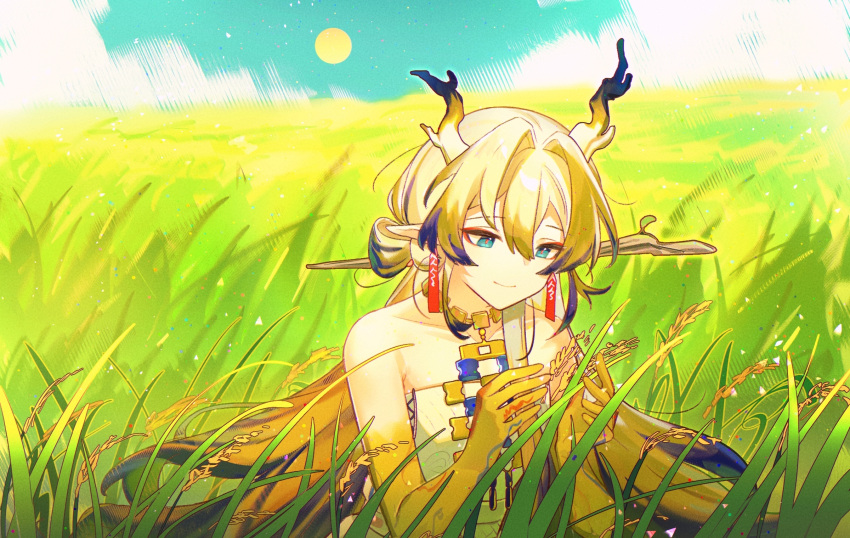 1girl arknights as-zero bare_shoulders blonde_hair blue_eyes blue_hair blue_sky branch closed_mouth cloud collarbone colored_skin day dragon_girl dragon_horns eyeliner grey_hair hair_between_eyes hair_bun hair_intakes hair_ornament hair_stick highres holding holding_plant horizon horns jewelry long_hair looking_down makeup multicolored_hair necklace outdoors plant red_eyeliner red_pupils rice_(plant) rice_paddy shirt shu_(arknights) sidelocks sky smile solo strapless strapless_shirt streaked_hair sun upper_body white_shirt
