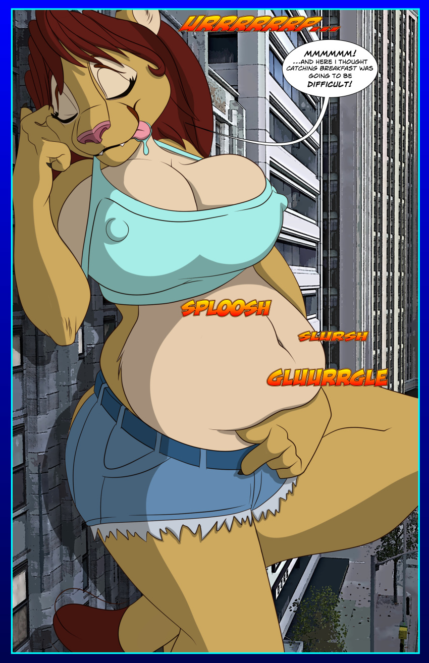 3d_(artwork) 3d_background absurd_res anthro belly belly_squish bloated bodily_fluids bottomwear burping city clothing comic cougar crissi_(silkysworld) crop_top cutoffs daisy_dukes denim denim_bottomwear denim_clothing dialogue digestion_noises digital_media_(artwork) drooling english_text eyes_closed felid feline female female_pred hand_on_own_belly hi_res hotpants larger_female leaning looking_pleasured macro macro_anthro macro_female mammal midriff mixed_media multiple_prey navel nipple_outline oral_vore saliva saliva_on_tongue satisfied shirt shorts silkysworld size_difference sloshing_belly smaller_female smile speech_bubble squish talking_to_self text tongue tongue_out topwear vore