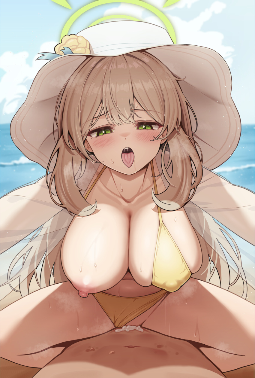 1boy 1girl absurdres beach bikini bikini_bottom_aside blue_archive blush breasts cleavage clothing_aside collarbone cum day green_eyes green_halo halo hat hetero highres jacket large_breasts light_brown_hair long_hair nipples nonomi_(blue_archive) nonomi_(swimsuit)_(blue_archive) ocean official_alternate_costume open_clothes open_jacket open_mouth outdoors rank_alee revision see-through see-through_jacket sex sun_hat swimsuit tongue tongue_out vaginal white_headwear yellow_bikini