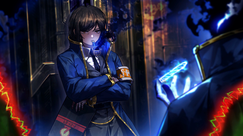 1boy 1girl armband bandaged_hand bandages black_necktie black_pants black_vest blue_coat brown_eyes brown_hair bullet clipboard coat collared_shirt crossed_arms der_freischuetz_(lobotomy_corporation) e.g.o_(project_moon) game_cg glowing glowing_eyes highres holding holding_bullet holding_clipboard indoors limbus_company lobotomy_corporation long_sleeves nai_ga necktie official_art outis_(project_moon) pants project_moon shirt short_hair smoke smoking_pipe standing vest white_shirt wing_collar