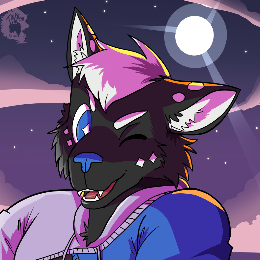 absurd_res anthro cosmic_background domestic_cat felid feline felis headshot_portrait hi_res looking_at_viewer male male_anthro mammal moon night one_eye_closed portrait sky solo solo_focus star starry_background starry_sky thekinkybear wink winking_at_viewer