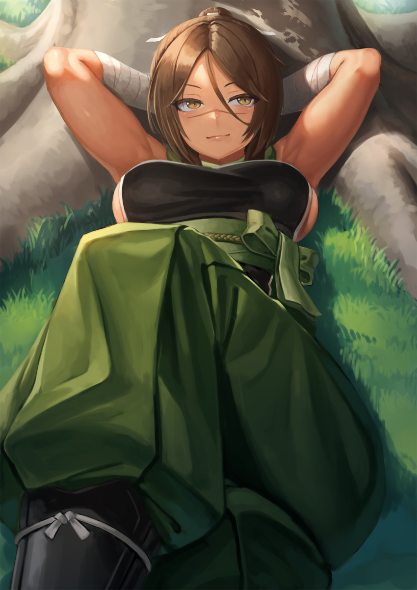 1girl ahoge bandaged_arm bandages bare_shoulders black_shirt blush breasts brown_eyes brown_hair fate/grand_order fate_(series) grass green_pants hair_between_eyes hair_ribbon hakama hakama_pants high_ponytail highres japanese_clothes large_breasts looking_at_viewer lying medium_hair obi on_back pants parted_bangs ranma_(kamenrideroz) ribbon sash scar scar_on_face scar_on_nose shirt sideboob sideless_outfit smile solo sugitani_zenjubou_(fate) tree
