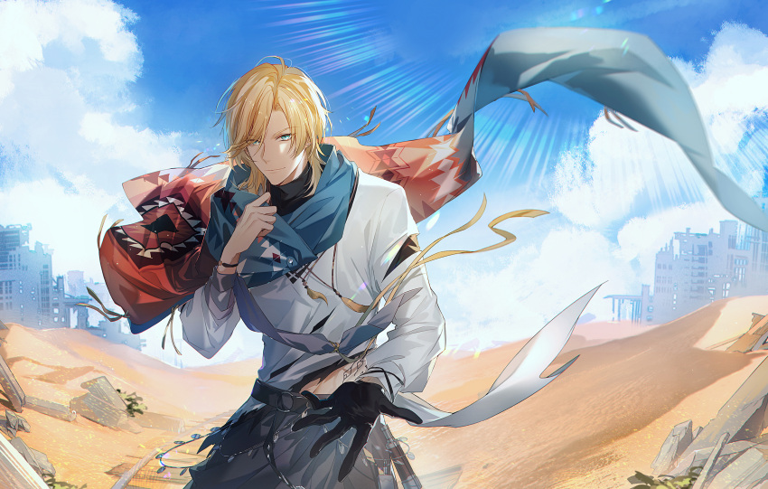 1boy adjusting_clothes aqua_eyes beckoning belt belt_buckle black_belt black_gloves black_undershirt blonde_hair blue_cloak bracelet buckle building chinese_commentary cloak closed_mouth cloud cowboy_shot day desert feather_necklace floating_clothes gloves highres jewelry lars_rorschach lieshang773 long_sleeves looking_at_viewer lovebrush_chronicles male_focus midriff_peek necklace open_hand red_cloak rock ruins sand shirt short_hair single_glove smile solo standing sunlight swept_bangs telescope torn_clothes torn_shirt turtleneck two-tone_cloak waist_cape white_shirt