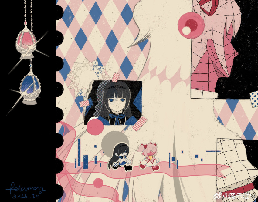 3girls abstract absurdly_long_hair akemi_homura argyle argyle_background black_footwear black_hair black_hairband boots bow bubble_skirt capelet collar deformed dress dual_persona frilled_skirt frilled_sleeves frills from_behind glitch gloves hair_bow hair_ribbon hairband highres kaname_madoka knee_boots long_hair looking_at_viewer magical_girl mahou_shoujo_madoka_magica mahou_shoujo_madoka_magica_(anime) mary_janes miniskirt multiple_girls multiple_views neck_ribbon outline photo_(object) pink_background pink_dress pink_hair puffy_short_sleeves puffy_sleeves purple_capelet purple_eyes purple_ribbon purple_skirt red_bow red_footwear red_ribbon relanoy ribbon shoes short_dress short_hair short_sleeves short_twintails skirt soul_gem straight-on tape twintails two_side_up ultimate_madoka very_long_hair walking watermark weibo_logo weibo_username white_collar white_dress white_gloves white_outline white_skirt white_sleeves