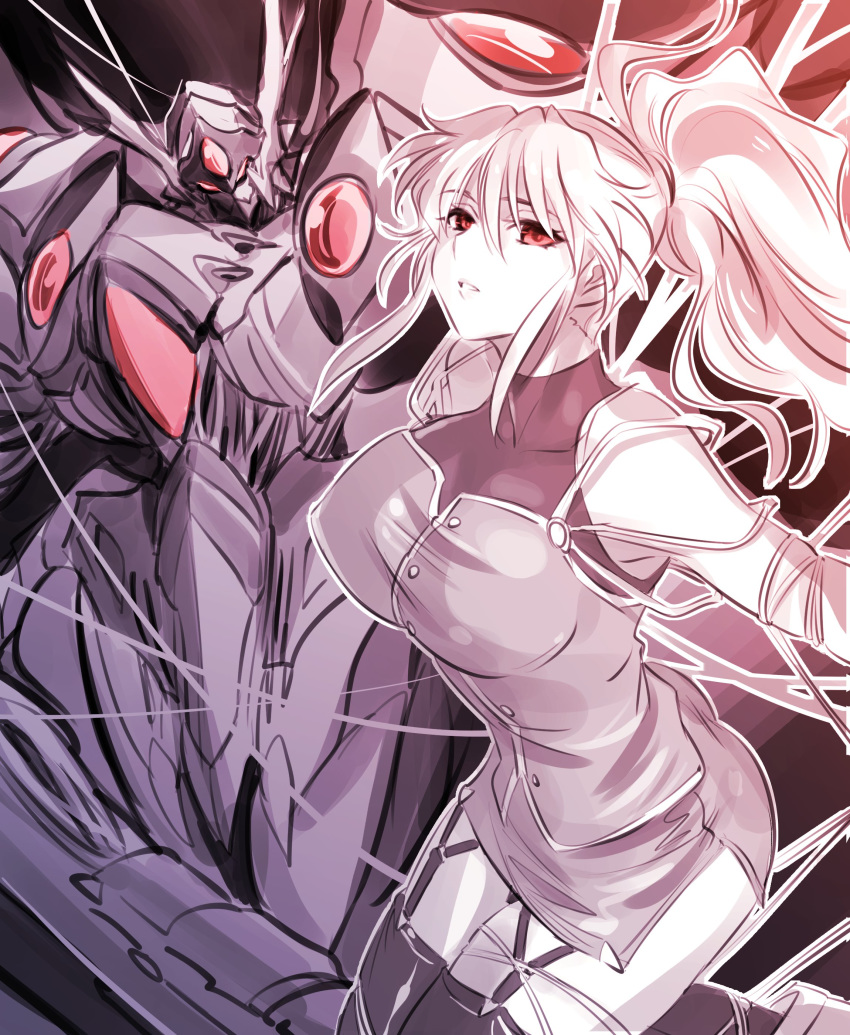 1girl absurdres bangs breasts commentary dark_persona excellen_browning floating floating_hair highres horns ishiyumi large_breasts long_hair looking_at_viewer mecha parted_lips ponytail rein_weissritter ribbon sleeveless spot_color super_robot_wars super_robot_wars_original_generation thigh_strap thighhighs