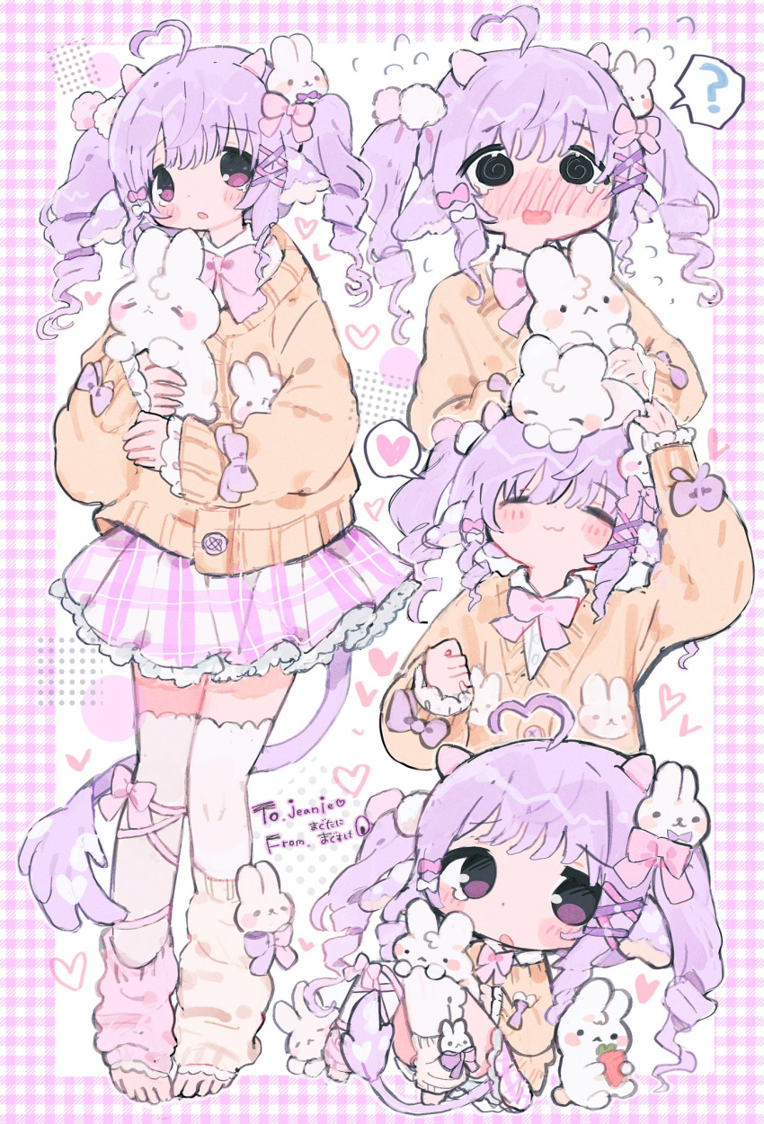 1girl :3 ? @_@ ahoge animal animal_ears animal_on_head artist_name barefoot blush border bow chibi closed_mouth commission commissioner_name drill_hair english_commentary hair_ribbon halftone heart heart_ahoge highres holding holding_animal long_hair looking_at_viewer loose_socks mooosikasite multiple_views on_head open_mouth orange_socks orange_sweater original pink_border pink_bow pink_ribbon pink_skirt pink_socks plaid plaid_border plaid_skirt purple_eyes purple_hair rabbit ribbon shirt sidelocks skeb_commission skirt socks solo speech_bubble sweater tears thighhighs twin_drills white_background white_shirt white_thighhighs