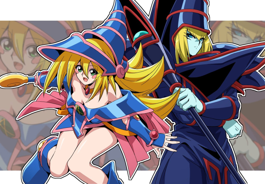 1boy 1girl bare_shoulders blonde_hair blue_footwear blue_headwear blush_stickers boots breasts cleavage dark_magician dark_magician_girl duel_monster green_eyes hair_between_eyes hat holding holding_staff holding_wand large_breasts long_hair looking_at_viewer official_art open_mouth smile staff wakoudo wand wizard_hat yu-gi-oh! yu-gi-oh!_duel_monsters