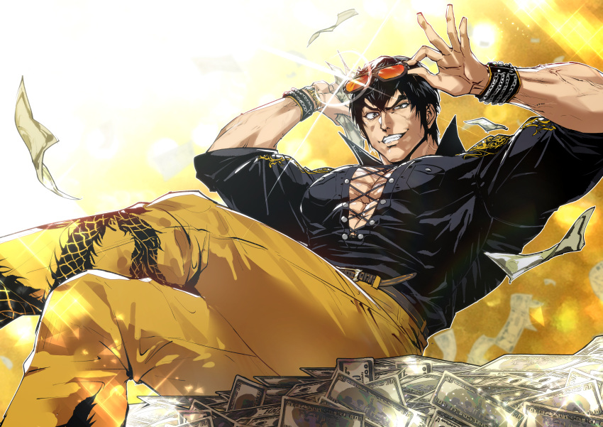 1boy bara cross-laced_slit falling_money feet_out_of_frame foreshortening glint highres houjoh_(7th-heaven) large_pectorals looking_at_viewer marshall_law mature_male muscular muscular_male pants pectoral_cleavage pectorals rich smug solo sunglasses tekken tekken_8 thick_eyebrows