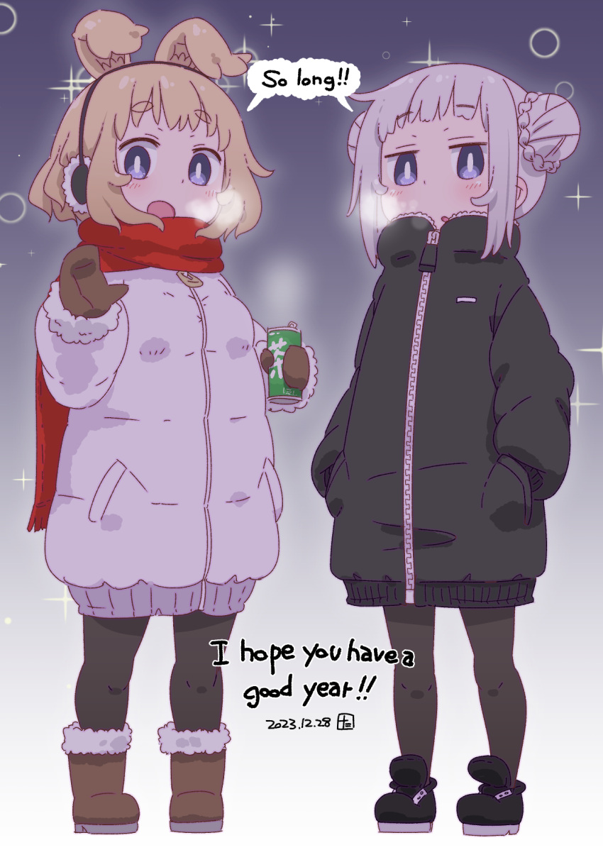 2girls animal_ears black_coat black_footwear blonde_hair blush boots breath brown_footwear brown_gloves can canned_tea child coat dated dog_ears dog_girl double_bun drink english_text gloves gradient_background hair_bun hands_in_pocket highres holding holding_can holding_drink looking_at_viewer multiple_girls open_mouth original pantyhose purple_background purple_eyes red_scarf samansa_(samansa_ex) samansa_ex scarf shared_speech_bubble shoes short_hair siblings sisters speech_bubble standing tabasa_(samansa_ex) tea white_background white_coat white_hair winter winter_clothes zipper zipper_pull_tab