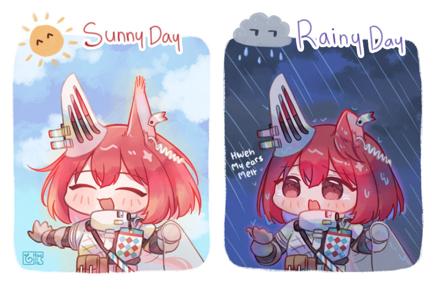 1girl animal_ears arknights blush closed_eyes cloud commentary day english_commentary english_text flametail_(arknights) haaiiro highres open_mouth rain red_eyes red_hair squirrel_ears squirrel_girl sun