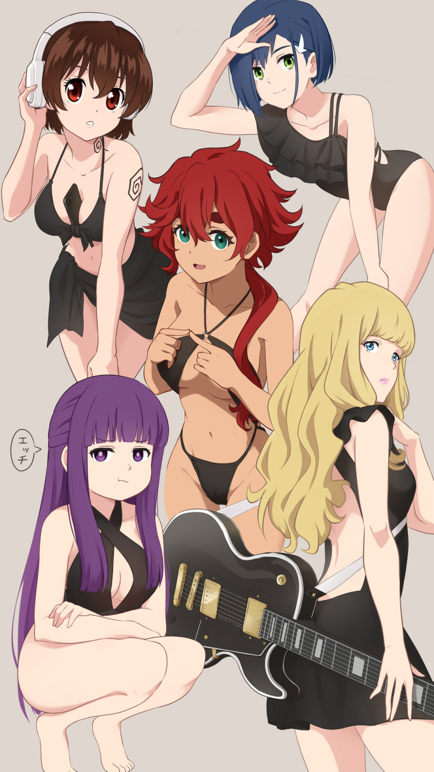 5girls arm_up barefoot between_breasts bikini black_bikini black_dress black_one-piece_swimsuit blonde_hair blue_eyes blue_hair blunt_bangs breasts brown_hair carole_&amp;_tuesday casual_one-piece_swimsuit cellphone closed_mouth commentary_request criss-cross_halter cropped_legs crossover dark-skinned_female dark_skin darling_in_the_franxx dr._stone dress electric_guitar feet fern_(sousou_no_frieren) front-tie_bikini_top front-tie_top green_eyes grey_background guitar gundam gundam_suisei_no_majo hair_between_eyes hair_ornament hair_over_shoulder hairclip halterneck headphones highleg highleg_bikini highres ichigo_(darling_in_the_franxx) ichinose_kana index_fingers_together instrument laofuzi_dai_bansho leaning_forward long_hair looking_at_viewer low_ponytail medium_breasts multiple_crossover multiple_girls navel o-ring o-ring_top ogawa_yuzuriha one-piece_swimsuit parted_lips phone pout purple_eyes purple_hair purple_pupils red_eyes red_hair sarong short_eyebrows short_hair sidelocks simple_background smartphone smile sousou_no_frieren speech_bubble split_mouth squatting suletta_mercury swimsuit teeth thick_eyebrows toes tuesday_simmons turning_head voice_actor_connection