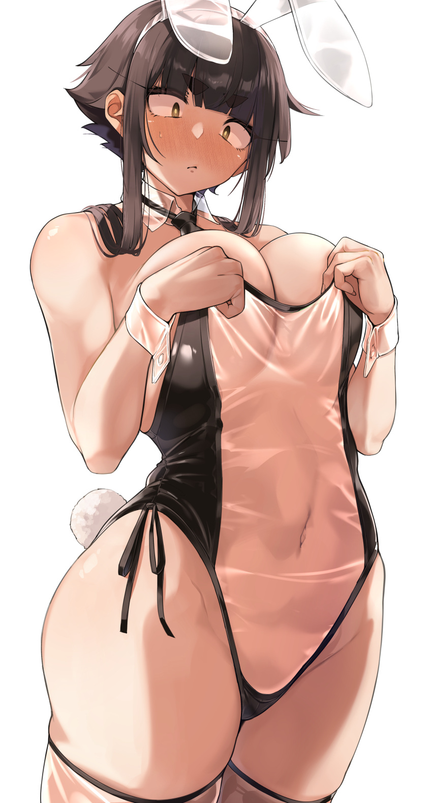 1girl absurdres animal_ears bare_shoulders black_bow black_bowtie black_hair blush bow bowtie breasts closed_mouth commentary_request detached_collar fake_animal_ears fake_tail hairband highleg highleg_leotard highres jovejun large_breasts leotard long_hair meme_attire navel original playboy_bunny rabbit_ears rabbit_tail see-through sidelocks simple_background solo tail thighhighs thighs translucent_bunnysuit tsubomioka_happa white_background white_hairband wrist_cuffs