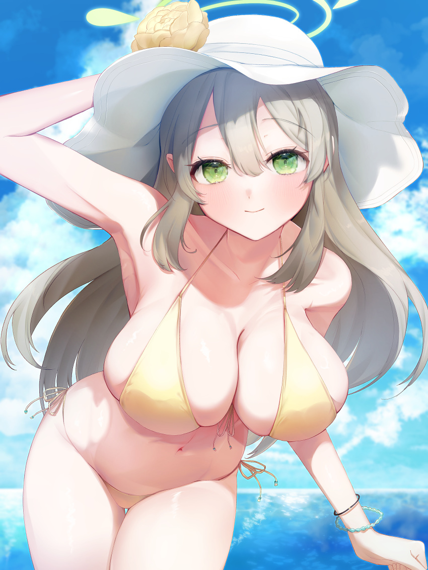 1girl absurdres bead_bracelet beads bikini blue_archive blue_sky bracelet breasts brown_hair closed_mouth cloud collarbone commentary day green_eyes green_halo halo hat highres jewelry large_breasts long_hair looking_at_viewer metugimomo nonomi_(blue_archive) nonomi_(swimsuit)_(blue_archive) ocean official_alternate_costume outdoors sky smile solo swimsuit white_headwear yellow_bikini