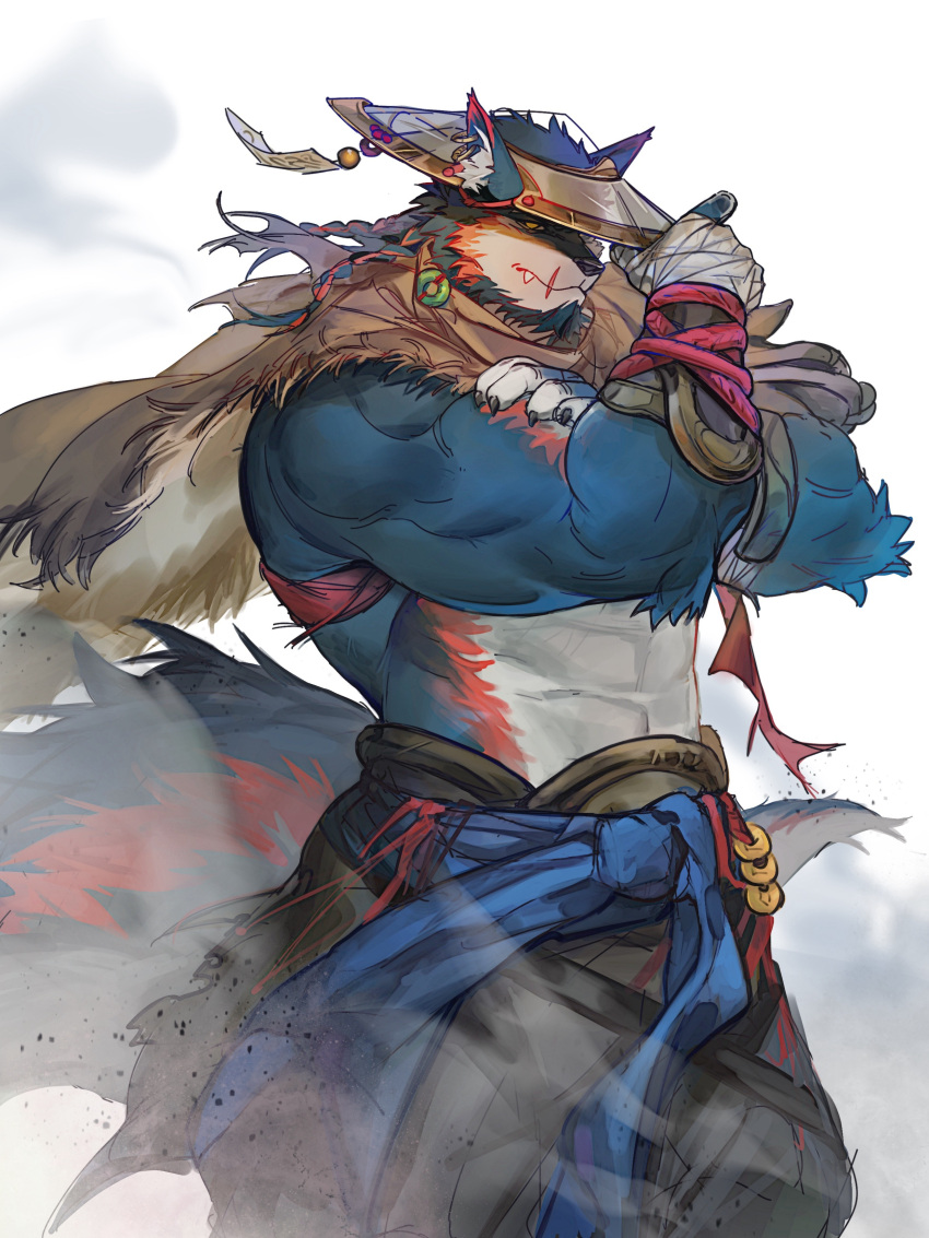 1boy abs absurdres adjusting_clothes adjusting_headwear animal_ears bara beard biceps blue_fur clothes_around_waist cowboy_shot empty_eyes facial_hair fang fang_out fox_boy fox_ears fox_tail from_side full_beard furry furry_male gradient_fur hat highres japanese_clothes kimono kuroshima_kurishiro_(muyi24108414) large_tail looking_at_viewer male_focus mature_male muscular muscular_male orange_fur original ronin scar scar_on_face scar_on_mouth solo stomach streaked_beard strongman_waist tail thick_beard wind wolf_boy