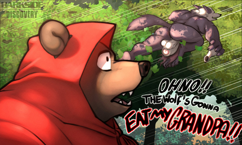 2024 anthro balls bear butt canid canine canis darksideofdiscovery detailed_background duo english_text fairy_tales genitals hi_res little_red_riding_hood little_red_riding_hood_(copyright) male mammal outside penis plant text tree wolf