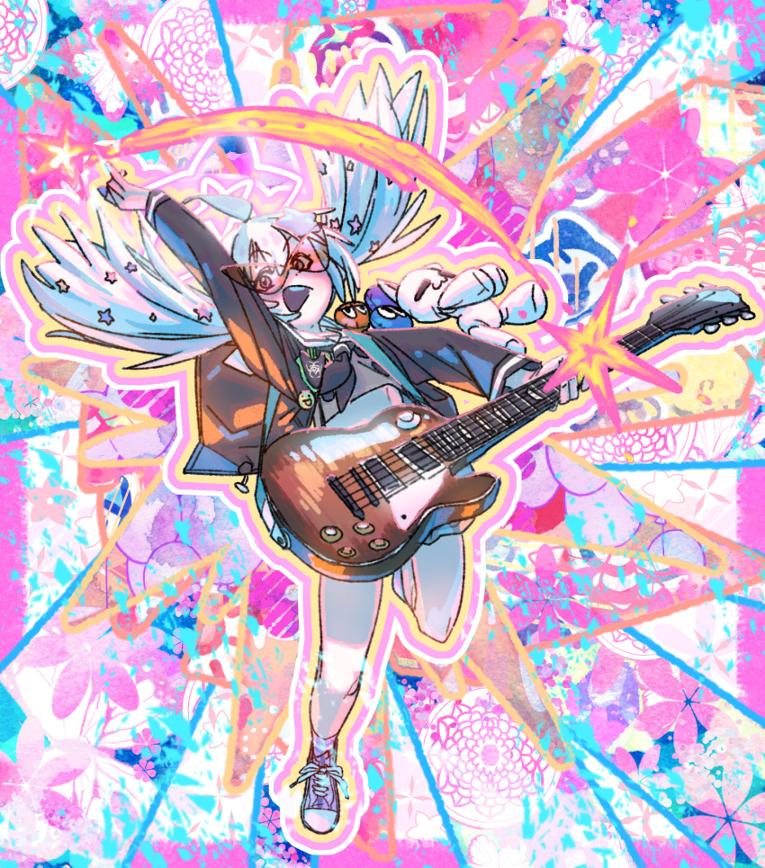 1girl ahoge arm_up black_jacket black_neckerchief blonde_hair blue_archive blue_eyes blue_hair full_body glasses grey_shirt grey_skirt guitar hair_ornament halo highres holding holding_guitar holding_instrument instrument jacket light_blue_hair long_sleeves looking_at_viewer multicolored_hair neckerchief open_mouth outstretched_arm pararilla pink_hair pink_halo pleated_skirt purple_eyes reisa_(blue_archive) sailor_collar shirt shoes skirt smile solo star_(symbol) star_hair_ornament star_halo twintails