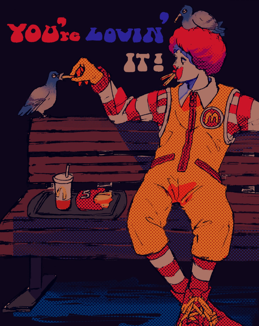 1boy bench bird black_background clown crossed_ankles cup disposable_cup drinking_straw english_text feeding food food_in_mouth french_fries gloves halftone highres holding holding_food jumpsuit looking_to_the_side mago_oowarawa male_focus mcdonald's on_bench park_bench pigeon red_hair red_shirt ronald_mcdonald shirt sitting sleeveless_jumpsuit solo striped_clothes striped_shirt tray yellow_gloves yellow_jumpsuit