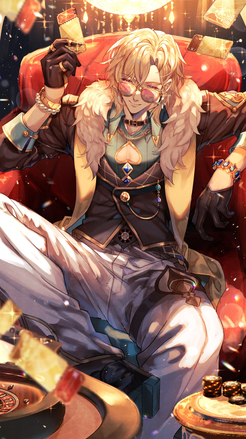 1boy 3skumakuma absurdres aventurine_(honkai:_star_rail) black_gloves blonde_hair closed_mouth clothing_cutout earrings fur_trim glasses gloves hair_between_eyes highres holding honkai:_star_rail honkai_(series) jewelry male_focus pectoral_cleavage pectorals poker_chip short_hair sitting solo ticket