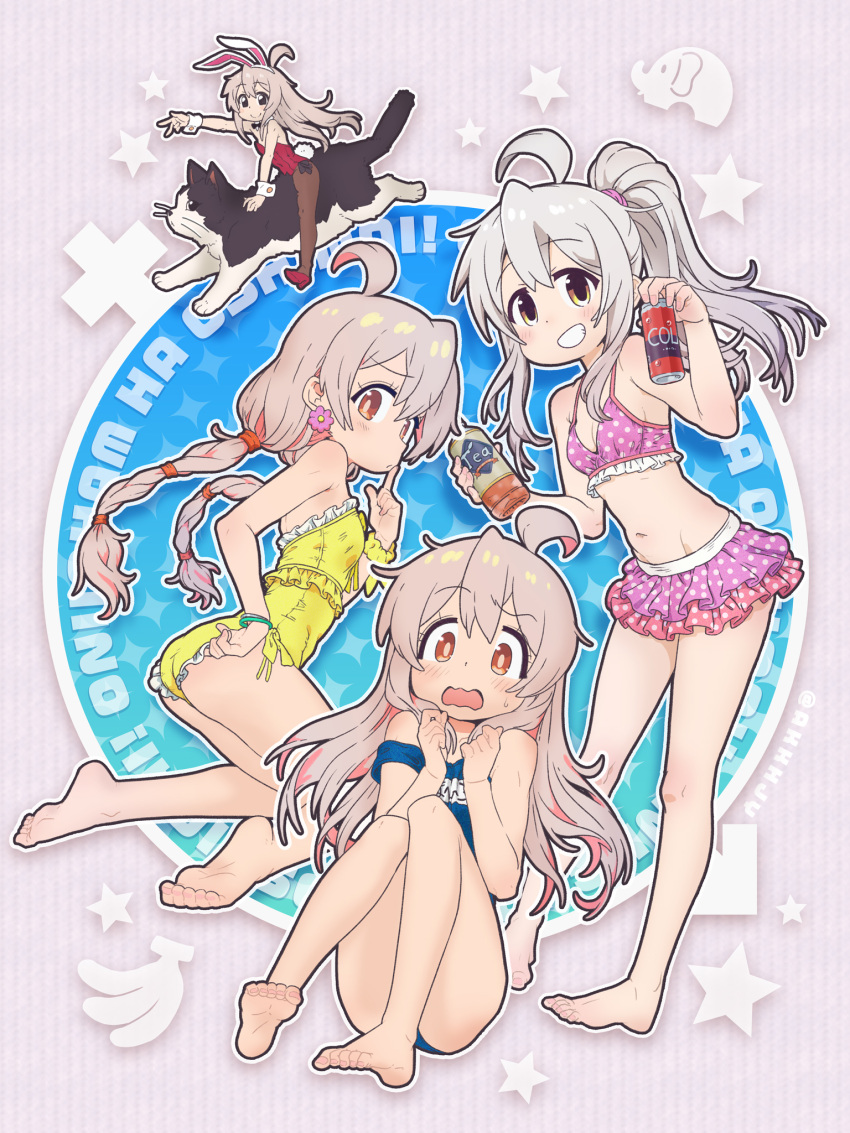 1girl ahoge animal animal_ears arm_up barefoot bikini bikini_skirt black_bow black_bowtie blue_one-piece_swimsuit blush bow bowtie braid brown_eyes cat closed_mouth commentary_request detached_collar dot_nose drink earrings fake_animal_ears fake_tail fishnet_pantyhose fishnets frilled_bikini frilled_one-piece_swimsuit frills from_behind grey_hair grin highres holding holding_drink jewelry layered_skirt leotard long_hair looking_at_viewer looking_to_the_side matado_(almukha) midriff multicolored_hair name_tag navel one-piece_swimsuit onii-chan_wa_oshimai! open_mouth outstretched_arm oyama_mahiro pantyhose pink_bikini pink_hair playboy_bunny ponytail rabbit_ears rabbit_tail red_leotard school_swimsuit side-tie_leotard sitting skirt smile soles standing strap_slip strapless strapless_leotard sweater swimsuit tail twin_braids twintails two-tone_hair wrist_cuffs yellow_one-piece_swimsuit
