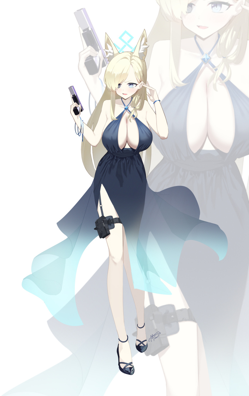 1girl absurdres animal_ear_fluff animal_ears black_dress black_footwear blonde_hair blue_archive blue_eyes blue_halo blush breasts collarbone dan_nako dress full_body gun hair_over_one_eye halo highres holding holding_gun holding_weapon kanna_(blue_archive) large_breasts long_hair open_mouth sharp_teeth shoes sideboob signature simple_background sleeveless sleeveless_dress solo teeth weapon white_background zoom_layer