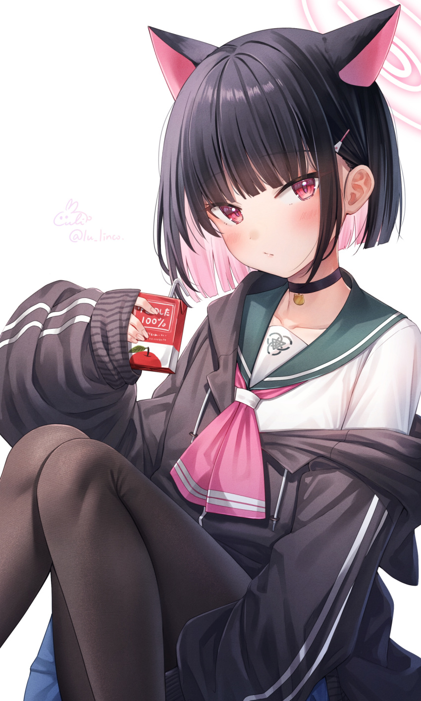 1girl animal_ears black_choker black_hair black_jacket black_pantyhose blue_archive cat_ears cat_girl choker collarbone drink drinking_straw extra_ears fingernails green_sailor_collar hair_ornament hairclip halo highres holding holding_drink jacket kazusa_(blue_archive) long_sleeves lulinco pantyhose pink_hair pink_halo red_eyes sailor_collar school_uniform serafuku short_hair signature simple_background solo twitter_username white_background