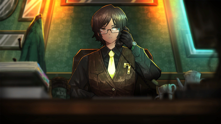 1girl black_gloves black_shirt brown_hair brown_vest collared_shirt corded_phone game_cg glasses gloves green_jacket highres indoors jacket limbus_company nai_ga necktie official_art orange_eyes outis_(project_moon) parted_lips phone project_moon shirt short_hair sitting solo teapot teeth unworn_jacket vest watch wing_collar wristwatch yellow_necktie