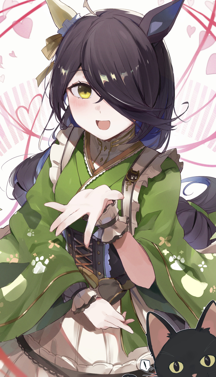 ! 1girl :d absurdres ahoge animal animal_ears animal_print black_corset black_hair blush cat cat_print commentary corset cowboy_shot dress ear_covers green_kimono hair_over_one_eye heart highres horse_ears horse_girl japanese_clothes kimono light_brown_hair long_bangs long_hair long_sleeves looking_at_viewer low-tied_long_hair manhattan_cafe_(umamusume) manhattan_cafe_(verdant_night)_(umamusume) multicolored_hair official_alternate_costume official_alternate_hairstyle open_mouth outstretched_hand paw_print paw_print_pattern ra_mun5239 single_ear_cover skirt smile solo_focus speech_bubble spoken_exclamation_mark umamusume very_long_hair white_skirt yellow_eyes