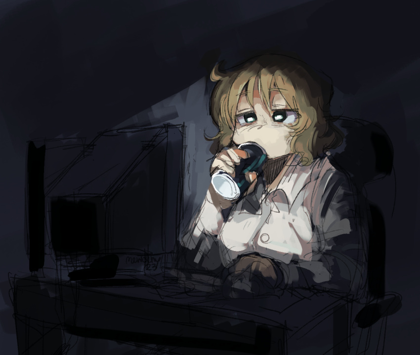 1girl blonde_hair bob_cut breasts can chair collared_shirt commentary computer dark desk dim_lighting drink_can drinking english_commentary long_sleeves monitor mouse_(computer) nichijou office_chair sakurai_izumi shirt short_hair sitting snowii_cat soda_can solo swivel_chair white_shirt