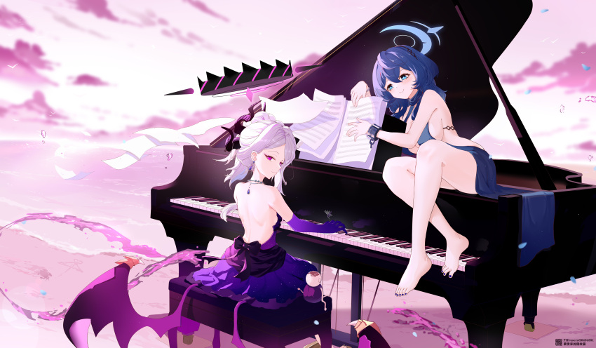 2girls absurdres ako_(blue_archive) ako_(dress)_(blue_archive) backless_dress backless_outfit barefoot beach black_horns blue_archive blue_eyes blue_hair blue_halo blush breasts character_doll closed_mouth demon_horns demon_wings doodle_sensei_(blue_archive) dress elbow_gloves gloves grand_piano grey_hair hair_between_eyes halo highres hina_(blue_archive) hina_(dress)_(blue_archive) horns instrument large_breasts liwendala long_hair multiple_girls multiple_horns music ocean official_alternate_costume official_alternate_hairstyle outdoors piano piano_bench piano_keys playing_instrument playing_piano purple_eyes purple_gloves purple_wings sensei_(blue_archive) sideboob sleeveless sleeveless_dress small_breasts smile strapless strapless_dress toes wings