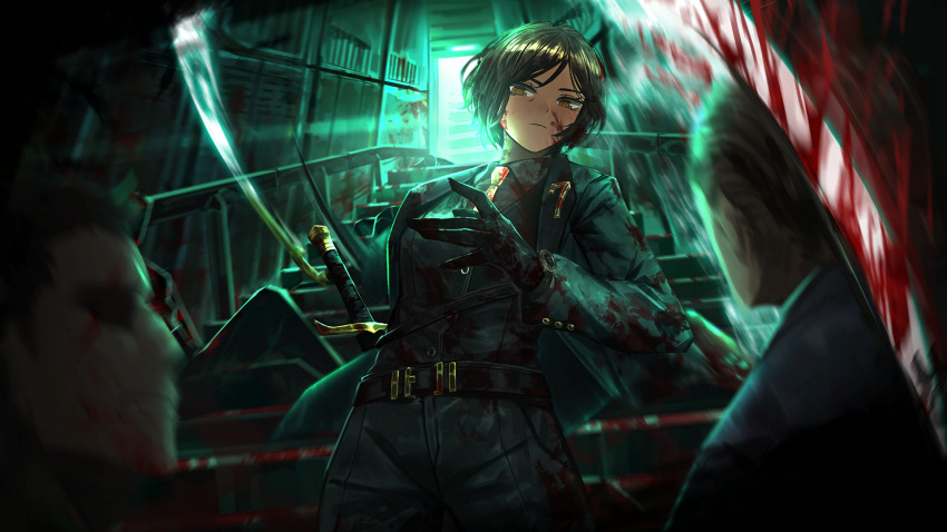 1girl 2boys 2others belt black_belt black_gloves black_pants black_shirt black_vest blood blood_on_clothes blood_on_face blood_splatter blood_spray brown_eyes brown_hair closed_mouth game_cg gloves green_jacket highres holding holding_sword holding_weapon indoors jacket limbus_company multiple_boys multiple_others nai_ga necktie official_art outis_(project_moon) pants project_moon shirt short_hair slashing solo_focus standing sword vest watch weapon wristwatch yellow_necktie