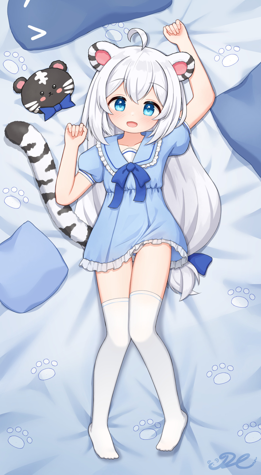 1girl absurdres ahoge animal_ears arm_up bed_sheet blue_bow blue_dress blue_eyes blue_sailor_collar blush bow commentary_request commission dress frilled_dress frills full_body highres indie_virtual_youtuber j2l long_hair looking_at_viewer lying myoya_(vtuber) no_shoes on_back open_mouth panties puffy_short_sleeves puffy_sleeves sailor_collar sailor_dress short_dress short_sleeves sidelocks smile solo striped_tail tail thighhighs tiger_ears tiger_girl tiger_tail underwear virtual_youtuber white_hair white_panties white_thighhighs