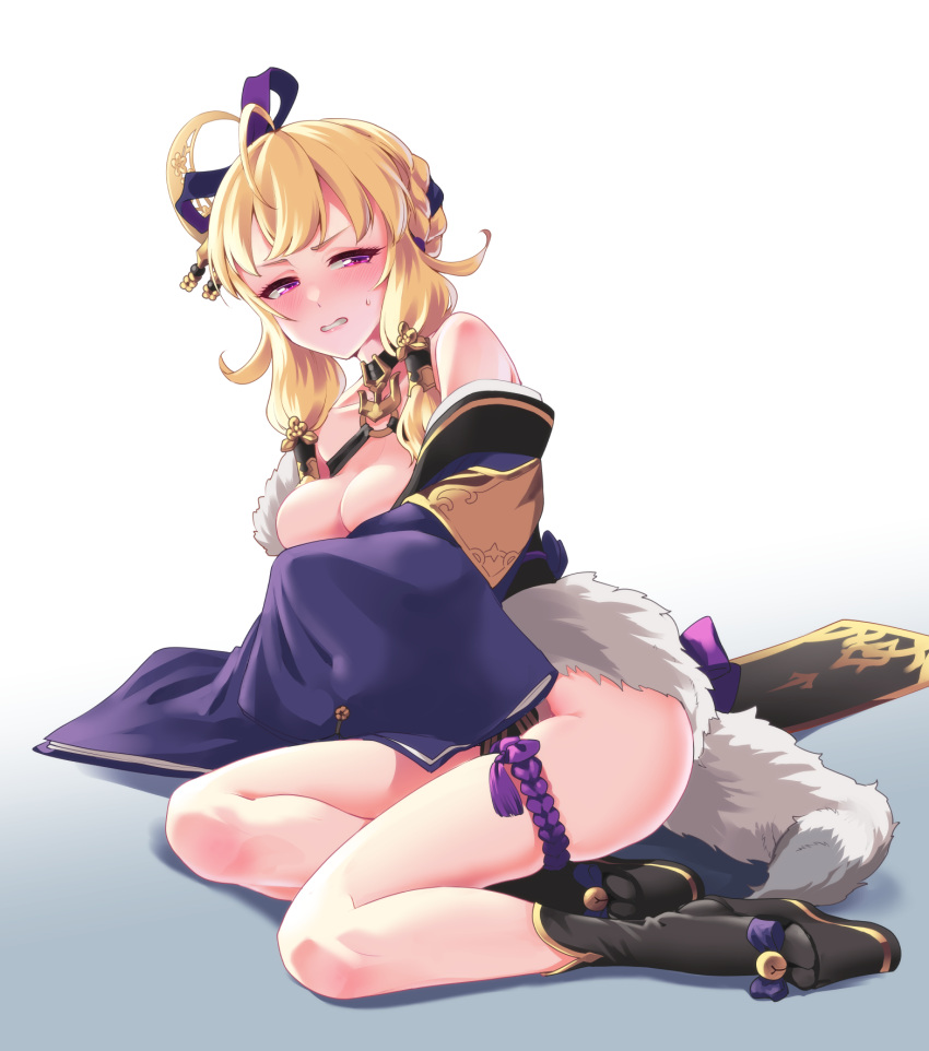 1girl ahoge alternate_costume bare_hips bare_shoulders bell black_choker black_footwear blonde_hair blush braid breasts choker clenched_teeth cosplay costume_switch covering_breasts covering_privates crescent crescent_hair_ornament french_braid fur-trimmed_kimono fur_trim geta gradient_background hair_ornament hair_stick hair_tubes hair_up hakkaku_shikimi half-closed_eyes highres japanese_clothes jingle_bell kimono long_hair looking_back medium_breasts nijisanji no_bra no_panties nose_blush o-ring off_shoulder platform_footwear purple_kimono purple_rope red_eyes revealing_clothes rindou_mikoto rindou_mikoto_(1st_costume) rindou_mikoto_(cosplay) rope shimenawa short_kimono sitting solo sweatdrop tabi takamiya_rion teeth virtual_youtuber wide_sleeves yokozuwari