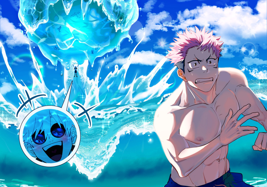 2boys abs beach black_male_swimwear blue_male_swimwear blush bongsoju cloud day facial_mark gojou_satoru highres itadori_yuuji jujutsu_kaisen large_pectorals male_focus male_swimwear multiple_boys muscular muscular_male navel nipples open_mouth outdoors pectorals pink_hair round_eyewear short_hair sky smile sunglasses teeth topless_male water