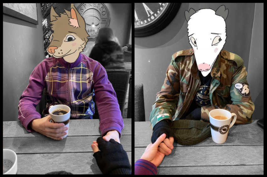 american_opossum anthro beverage blush brown_body brown_fur cafe camo canid canine canis clothing coffee coffee_cup container cup dazze domestic_dog draw_over duo fingerless_gloves fur gloves grivies grivies_(grivies) hand_holding handwear hat headgear headwear jacket male mammal marsupial photo_background photography_(artwork) smile sweater tan_body tan_fur topwear white_body white_fur