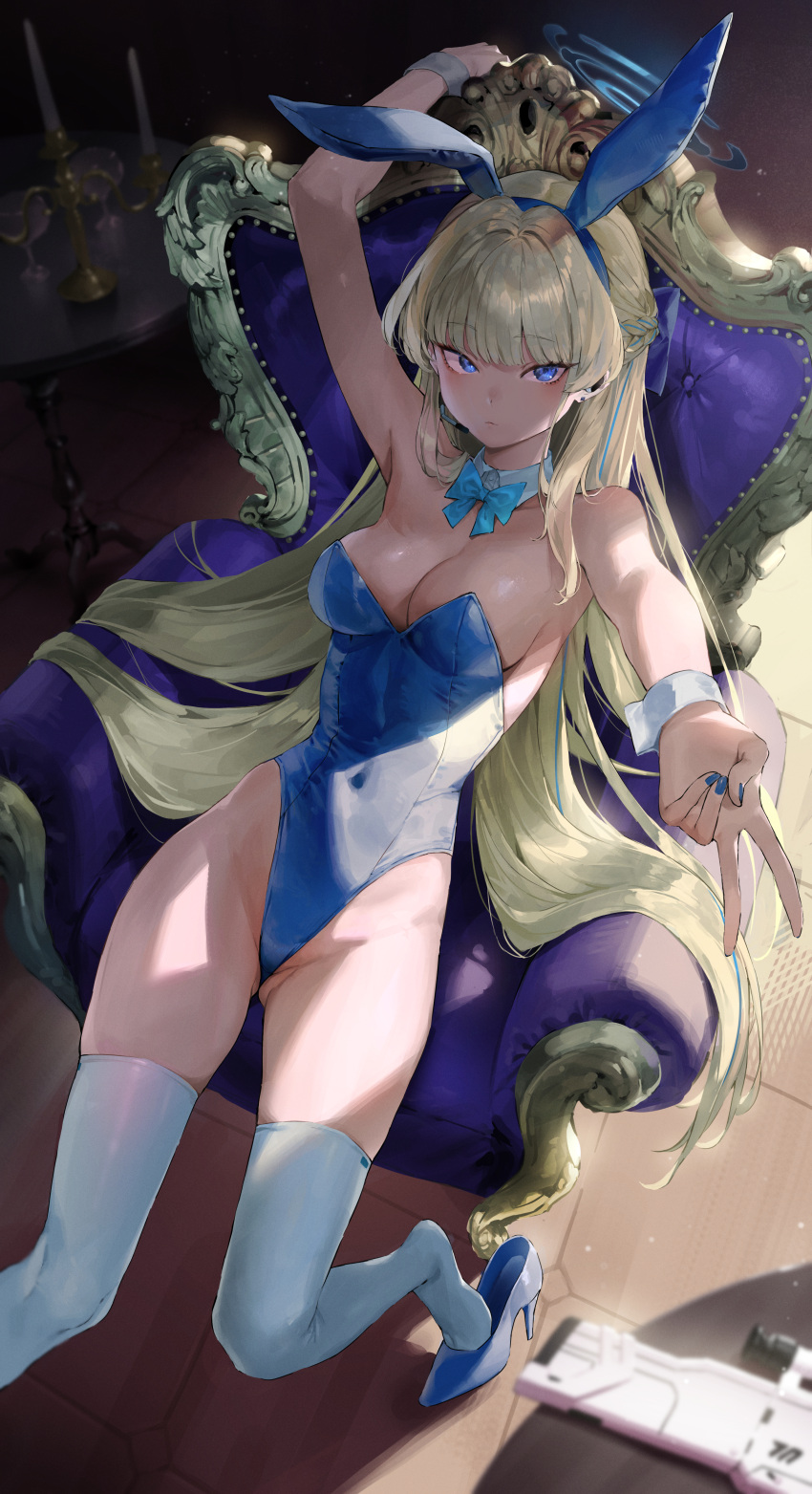 1girl absurdres animal_ears ass_visible_through_thighs blonde_hair blue_archive blue_bow blue_bowtie blue_eyes blue_footwear blue_hair blue_nails bow bowtie braid breasts cleavage closed_mouth covered_navel detached_collar fake_animal_ears fingernails groin high_heels highres kuroi_suna long_hair looking_at_viewer medium_breasts multicolored_hair nail_polish official_alternate_costume rabbit_ears solo streaked_hair thighhighs toki_(blue_archive) toki_(bunny)_(blue_archive) v white_thighhighs wrist_cuffs