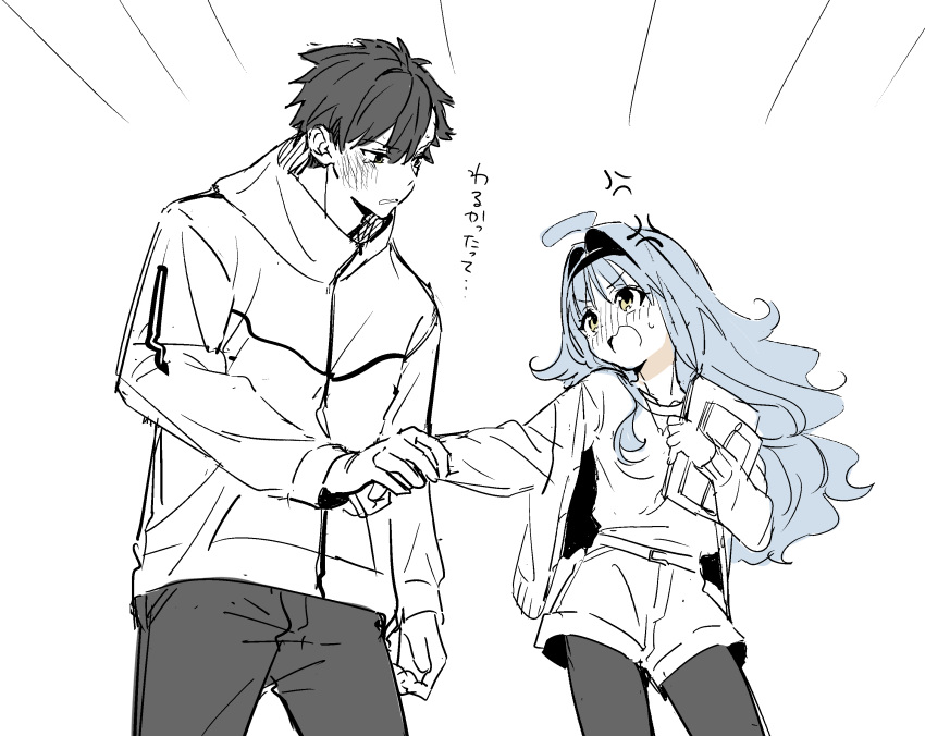 1boy 1girl absurdres ahoge anger_vein arm_grab black_hair blue_hair blush couple highres jacket kise_itsuki looking_at_another monochrome open_clothes open_jacket open_mouth original pantyhose shorts sketch spot_color track_jacket yellow_eyes