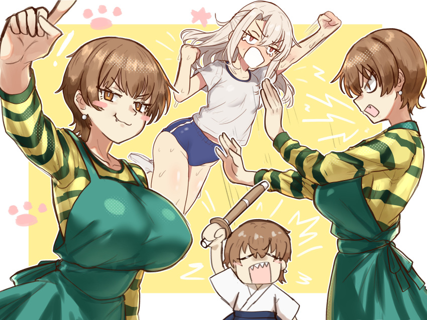 2girls absurdres blush breasts brown_hair ebora fang fate/stay_night fate_(series) fujimura_taiga gym_shorts highres illyasviel_von_einzbern large_breasts long_hair long_sleeves looking_at_viewer multiple_girls open_mouth red_eyes shinai shirt short_hair shorts small_breasts smile striped_clothes striped_shirt sword weapon white_hair white_shirt