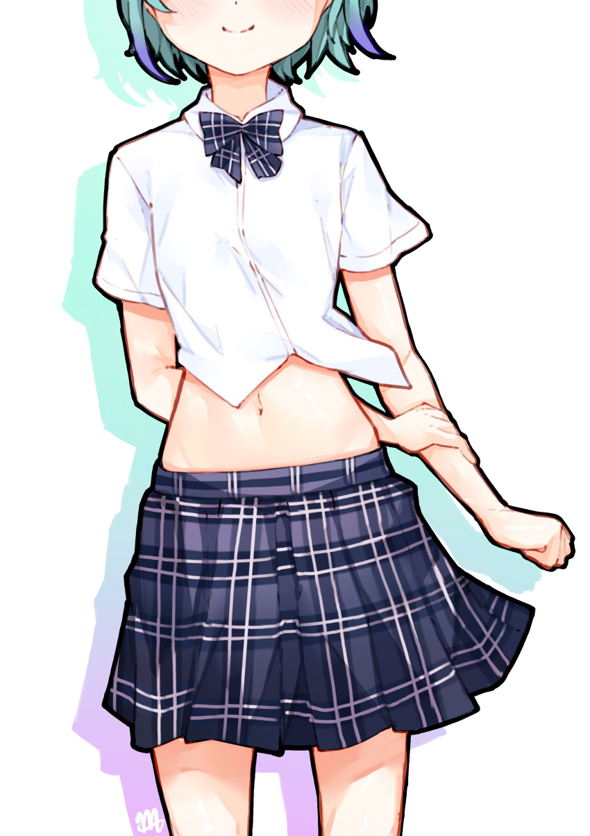 absurdres crop_top highres hololive ma_draws midriff navel pleated_skirt short_hair skirt uruha_rushia uruha_rushia_(school_uniform) white_background