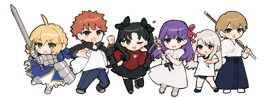 1boy 5girls ahoge armor artoria_pendragon_(fate) black_hair blonde_hair blue_eyes character_request chibi dress emiya_shirou fate_(series) green_eyes highres holding holding_sword holding_weapon kendo long_hair multiple_girls one_eye_closed open_mouth orange_hair purple_eyes purple_hair red_eyes rizu033 saber_(fate) shirt simple_background skirt sword tohsaka_rin weapon white_background white_dress white_hair white_shirt